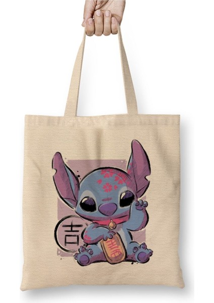 Maneki Stitch Beyaz Bez Çanta Uzun Saplı Alışveriş Çantası Plaj Çantası