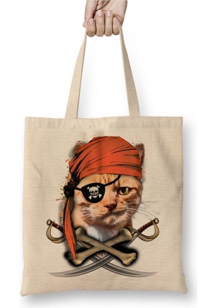 Gato Pirata Korsan Kedi Cat Beyaz Bez Çanta Uzun Saplı Alışveriş Çantası Plaj Çantası