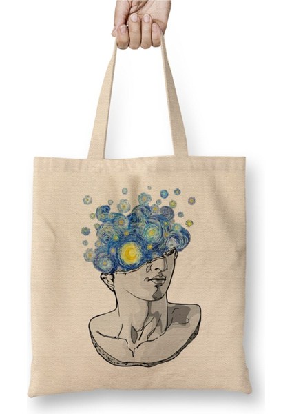 Yıldızlı Gece Heykel Van Gogh Bez Çanta Uzun Saplı Alışveriş Çantası Plaj Çantası