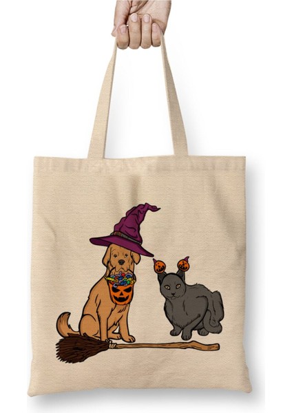 Halloween Dog & Cat Witch Animal Friends Beyaz Bez Çanta Uzun Saplı Alışveriş Çantası Plaj Çantası