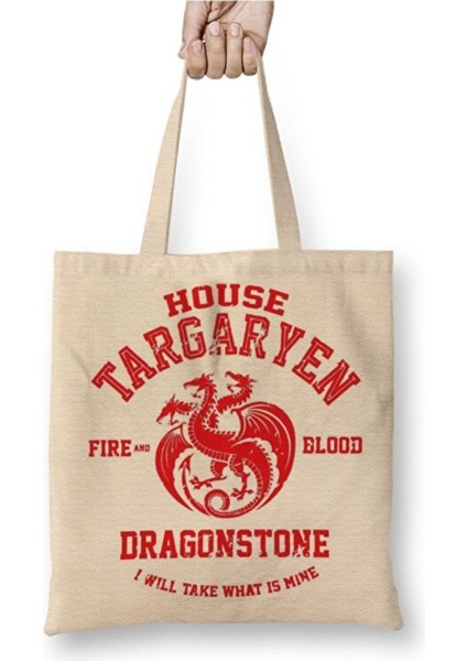 Game Of Thrones House Targaryen Beyaz Bez Çanta Uzun Saplı Alışveriş Çantası Plaj Çantası