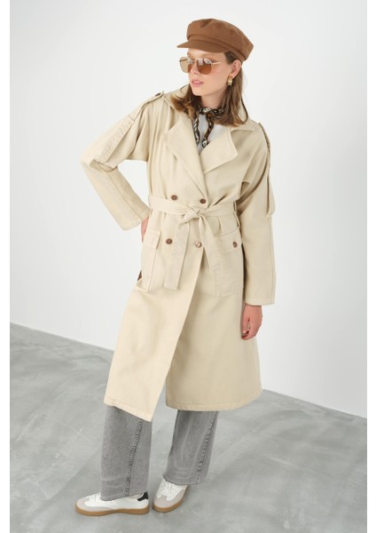 Denim Trençkot Uzun Bej