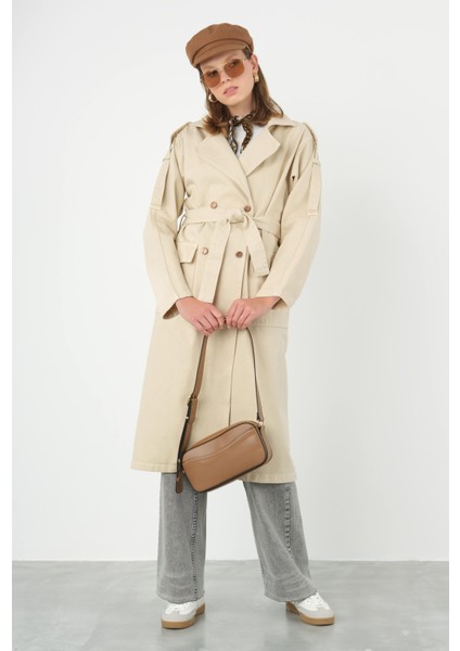 Denim Trençkot Uzun Bej