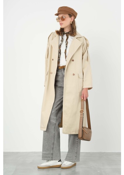 Denim Trençkot Uzun Bej