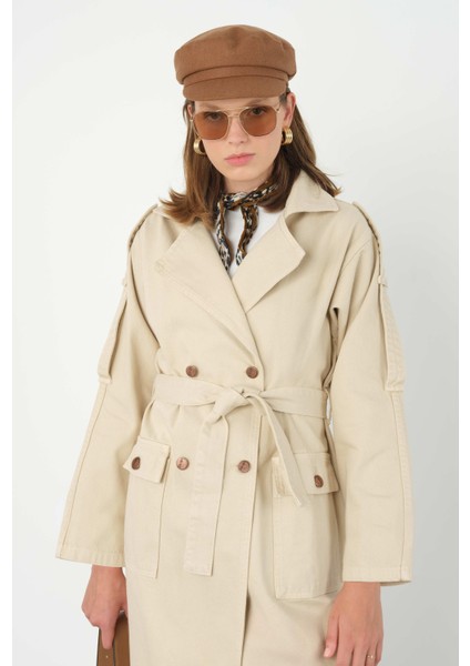 Denim Trençkot Uzun Bej