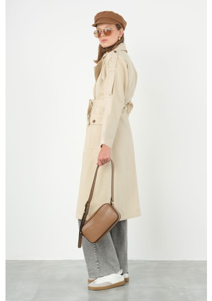 Denim Trençkot Uzun Bej