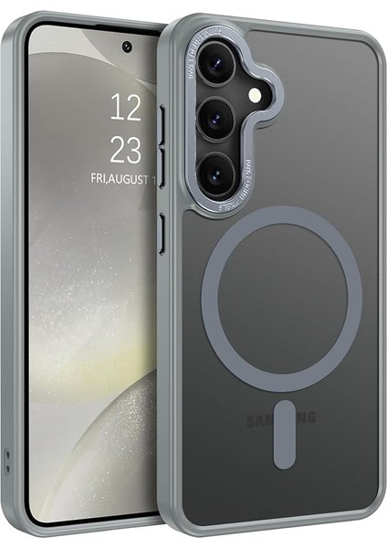Samsung Galaxy S24 Fe Uyumlu Kamera Korumalı Magsafe Wireless Şarj Özellikli Arkası Mat Metal Tuş Takımlı Ultra Güçlü Korumalı Silikon Kılıf (Gri, Samsung Galaxy S24 Fe)