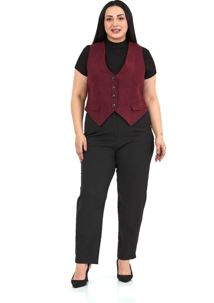 Büyük Beden Düğme Kapamalı Cep Kapaklı Astarlı Kısa Kaşe Bordo Yelek