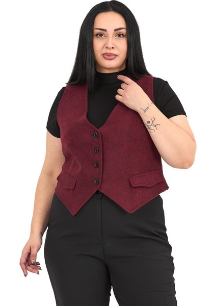Büyük Beden Düğme Kapamalı Cep Kapaklı Astarlı Kısa Kaşe Bordo Yelek fiyatları