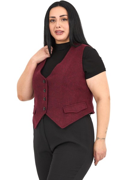 Büyük Beden Düğme Kapamalı Cep Kapaklı Astarlı Kısa Kaşe Bordo Yelek fırsatları
