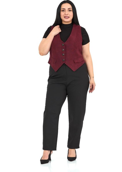 Büyük Beden Düğme Kapamalı Cep Kapaklı Astarlı Kısa Kaşe Bordo Yelek indirimleri