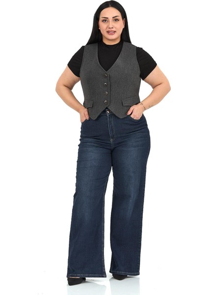 Büyük Beden Düğme Kapamalı Cep Kapaklı Astarlı Kısa Kaşe Antrasit Yelek