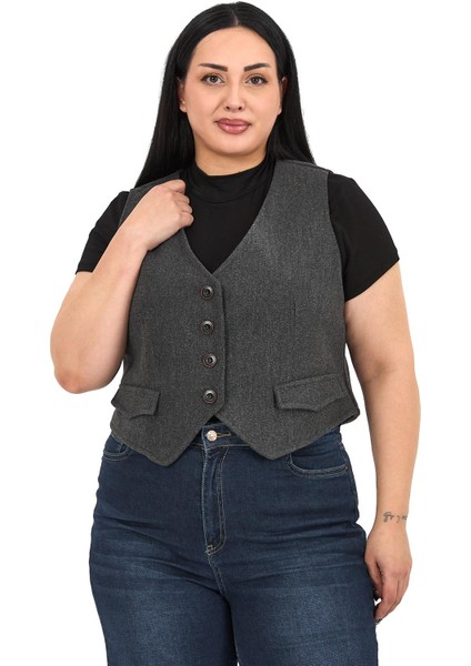 Büyük Beden Düğme Kapamalı Cep Kapaklı Astarlı Kısa Kaşe Antrasit Yelek fiyatları