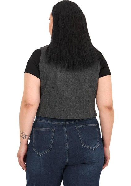 Büyük Beden Düğme Kapamalı Cep Kapaklı Astarlı Kısa Kaşe Antrasit Yelek modelleri