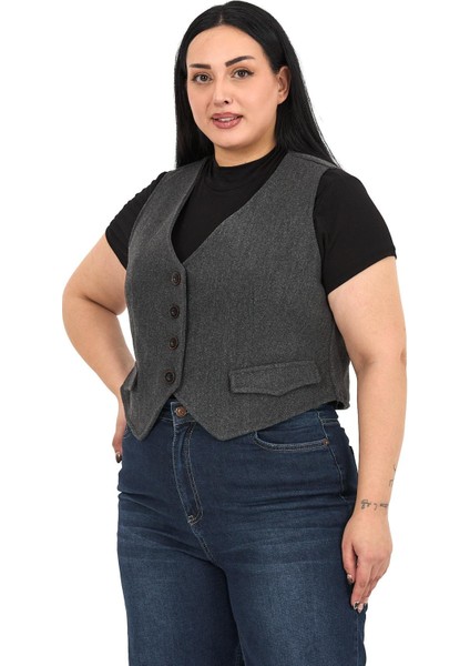 Büyük Beden Düğme Kapamalı Cep Kapaklı Astarlı Kısa Kaşe Antrasit Yelek fırsatları