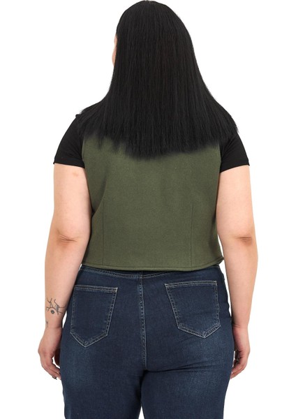 Büyük Beden Düğme Kapamalı Cep Kapaklı Astarlı Kısa Kaşe Haki Yelek modelleri