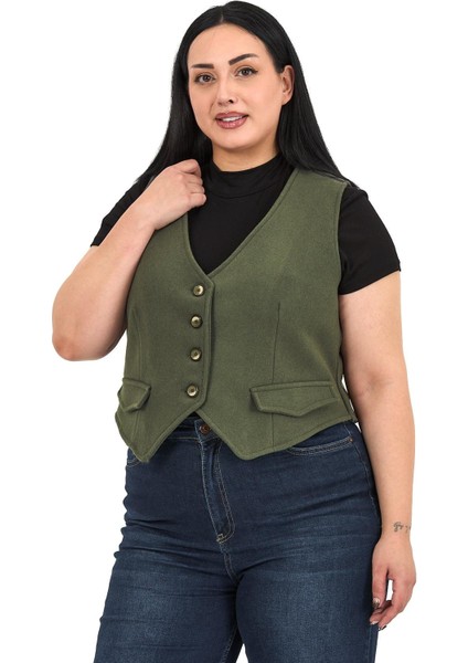 Büyük Beden Düğme Kapamalı Cep Kapaklı Astarlı Kısa Kaşe Haki Yelek fırsatları