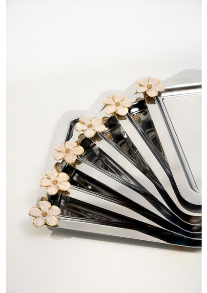 6'lı Lüks Kare Sunum Tepsisi Seti | Altın Detaylı Mineli Çiçek Figürlü Paslanmaz Çelik 21X21 cm