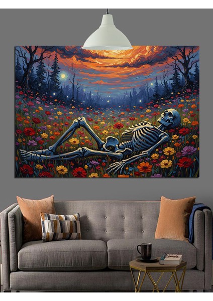 Iskelet ve Çiçekler Dekoratif Kanvas - Mdf Ahşap Tablo