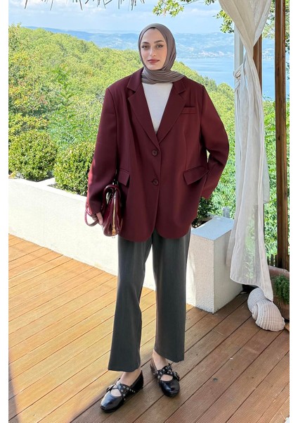 Dekoratif Cep Detaylı Tesettür Ceket Bordo
