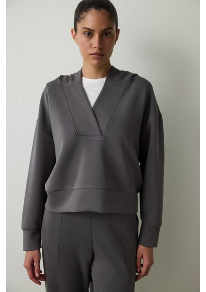 Antrasit Kapüşonlu Modal Crop Sweatshirt