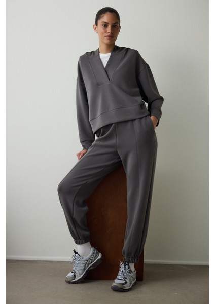 Antrasit Kapüşonlu Modal Crop Sweatshirt