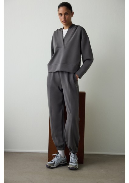 Antrasit Kapüşonlu Modal Crop Sweatshirt