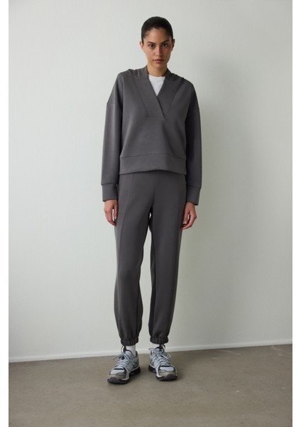 Antrasit Kapüşonlu Modal Crop Sweatshirt