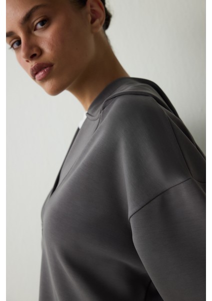 Antrasit Kapüşonlu Modal Crop Sweatshirt