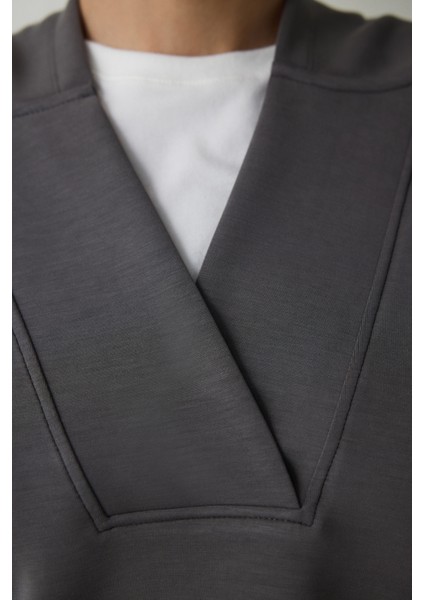 Antrasit Kapüşonlu Modal Crop Sweatshirt