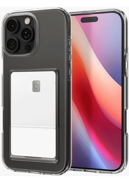 16 Pro Kılıf Kartlıklı Şeffaf Silikon Kapak + Ekran Koruma + Kablo Koruyucu Şeffaf