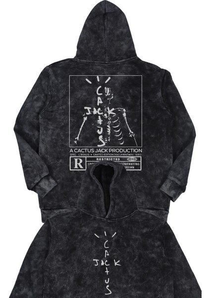 Unisex Jack Cactus Sırt Baskılı Kapüşonlu Yıkamalı Sweatshirt, Oversize Travis Scott Retro Hoodie
