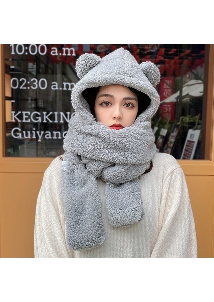 Sonbahar ve Kış Ayı Şapka Atkı Eldiven Üçü Bir Arada Peluş Çift Katmanlı Kalınlaşmış Çok Fonksiyonlu Kulak Koruyucu Sıcak Şapka Apple Gardener (Yurt Dışından)