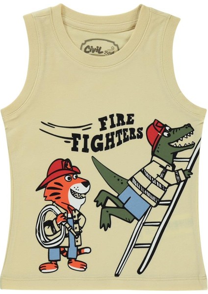 Fıre Fıghters Baskılı Sıfır Kol 2-5 Yaş Tişört - Bej2-3 Yaş