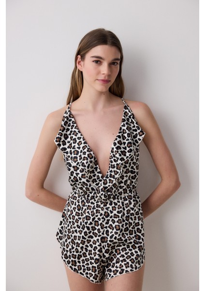 Leopar Saten Çok Renkli Teddy Tulum