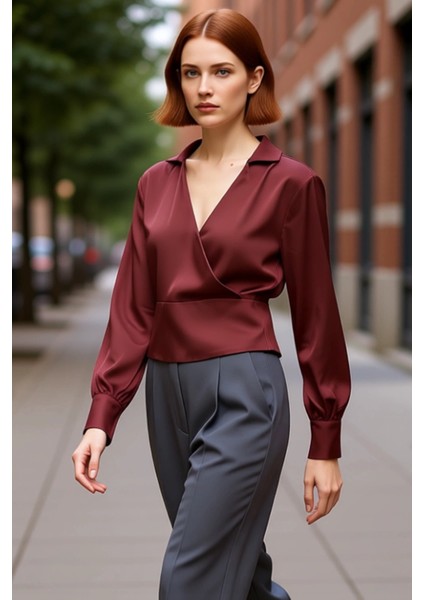 Kadın Dokuma Gömlek Yaka Uzun Kollu Fitted Bluz Kaliteli Şık Rahat Modern Zarif Günlük