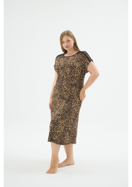 Kadın Büyük Beden Leopar Desenli Maxi Boy Dantel Detaylı Gecelik C2T2N371