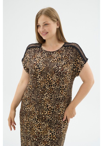 Kadın Büyük Beden Leopar Desenli Maxi Boy Dantel Detaylı Gecelik C2T2N371 modelleri