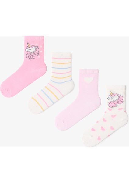 Çok Renkli Kız Çocuk Heart Stripe Unicorn 4lü Soket Çorap