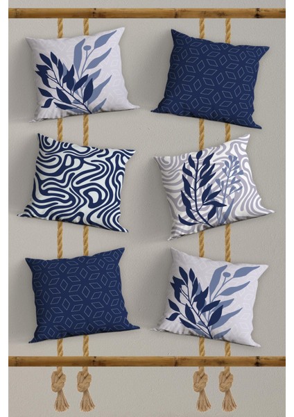 6’li Lacivert Beyaz, Dekoratif Çift Tarafı Dijital Baskı, Yastık Kılıfı, Kırlent Kılıfı, Fermuarlı