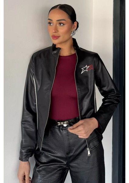 Kadın Iç Astarlı Çift Cepli Suni Deri Ceket P-00019022