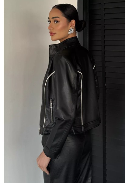 Kadın Iç Astarlı Çift Cepli Suni Deri Ceket P-00019022 fırsatları