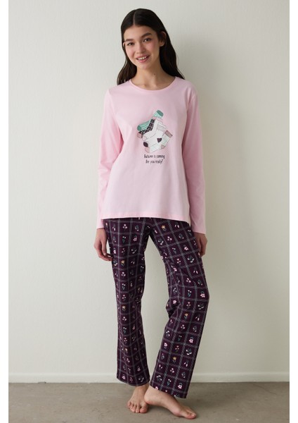 Autumn Çiçekli Bisiklet Yaka Pamuklu Uzun Kol Pijama Takımı