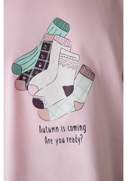 Autumn Çiçekli Bisiklet Yaka Pamuklu Uzun Kol Pijama Takımı