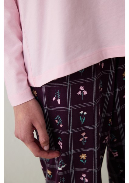 Autumn Çiçekli Bisiklet Yaka Pamuklu Uzun Kol Pijama Takımı