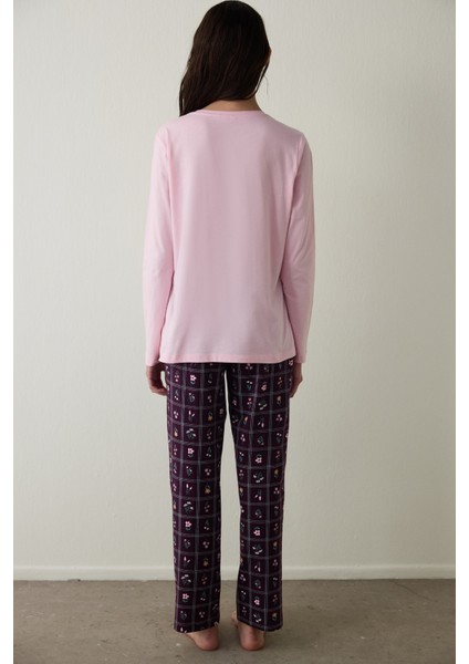 Autumn Çiçekli Bisiklet Yaka Pamuklu Uzun Kol Pijama Takımı