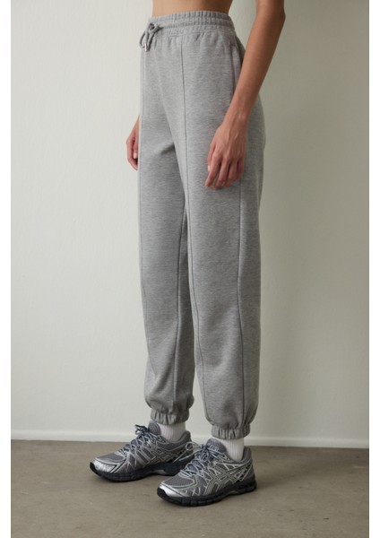 Gri Melanj Orta Bel Çift Dikişli Bağcıklı Oversize Jogger Eşofman Altı