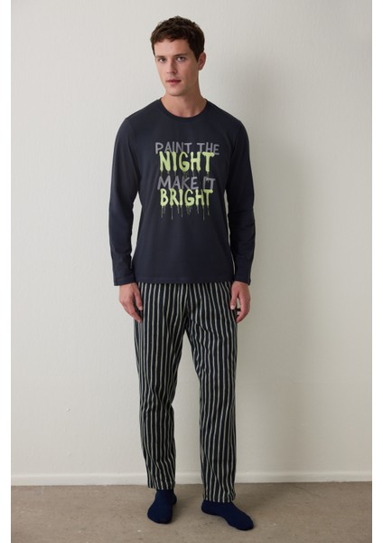 Çizgili Night Erkek Bisiklet Yaka Uzun Kollu Pijama Takımı