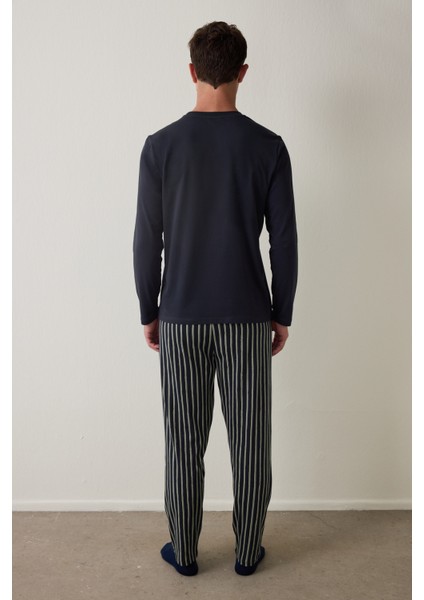 Çizgili Night Erkek Bisiklet Yaka Uzun Kollu Pijama Takımı