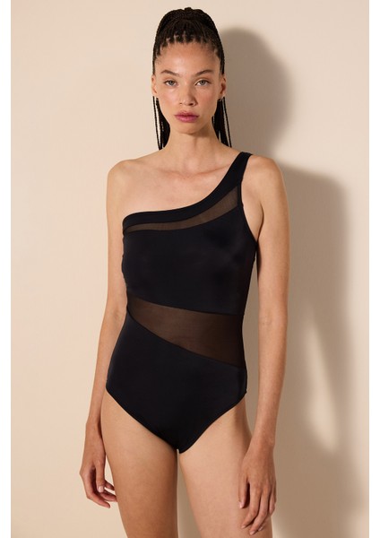 Shay Tek Omuz Mesh Detaylı Siyah Mayo